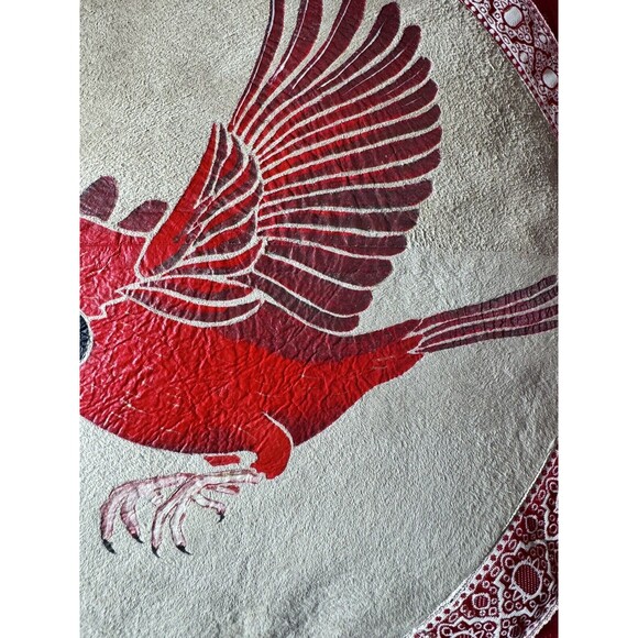 Vtg Hand Painted Cardinal Bird Square Pillow 15”x15”  tan red Leather/Satin - Picture 5 of 10
